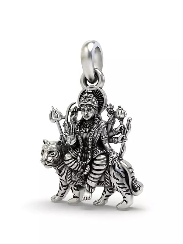 Exotic India Goddess Durga Sterling Silver Pendant 