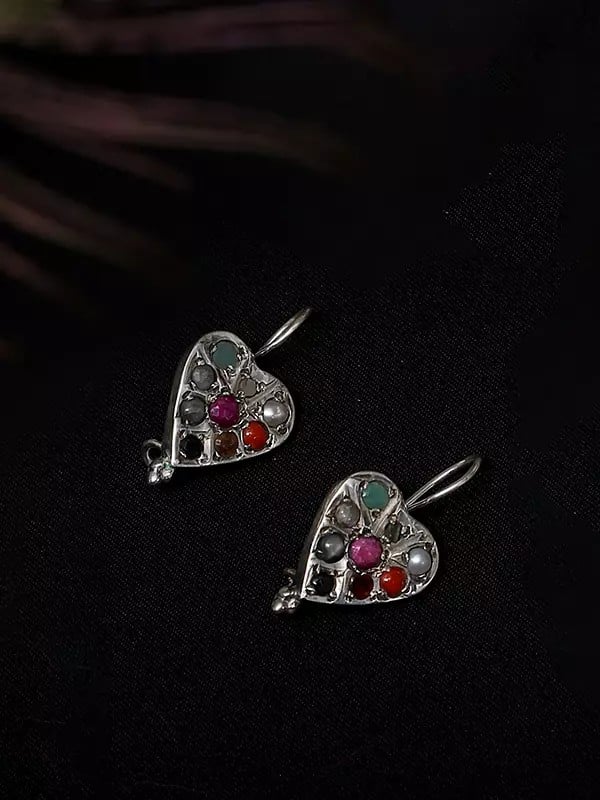 exotic india Heart Shape Navaratna Earrings 