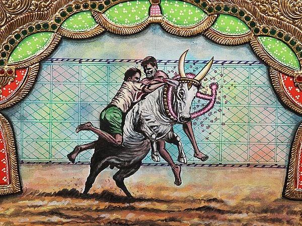 Exotic India Jallikattu | Framed Tanjore Painting