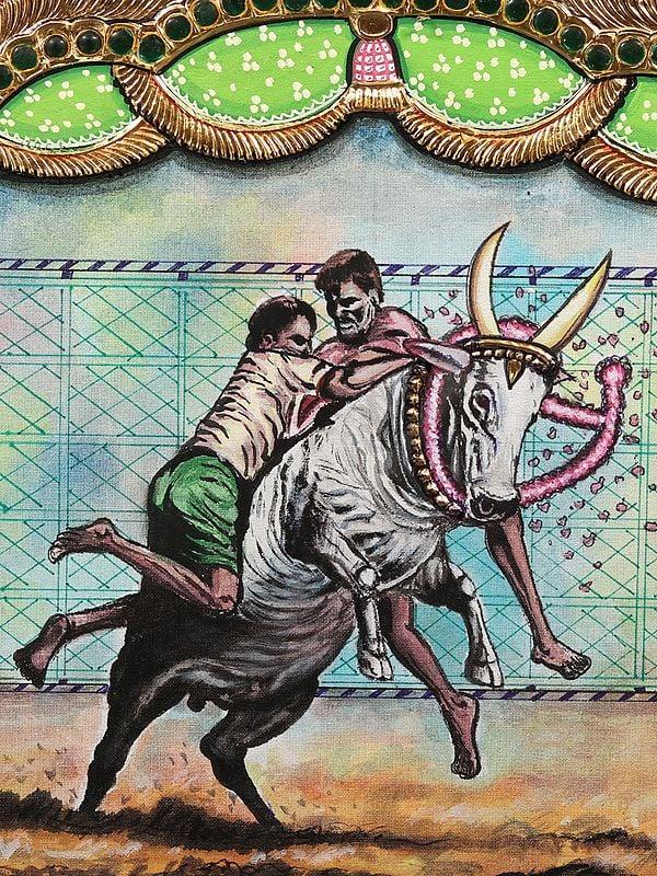 Exotic India Jallikattu | Framed Tanjore Painting