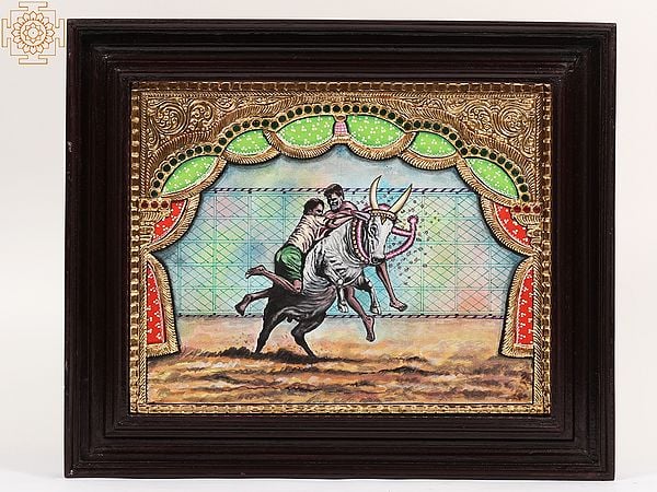 exotic india Jallikattu | Framed Tanjore Painting 