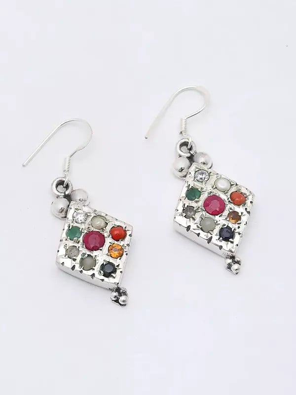 Exotic India Kite Shape Navaratna Dangle Earrings 