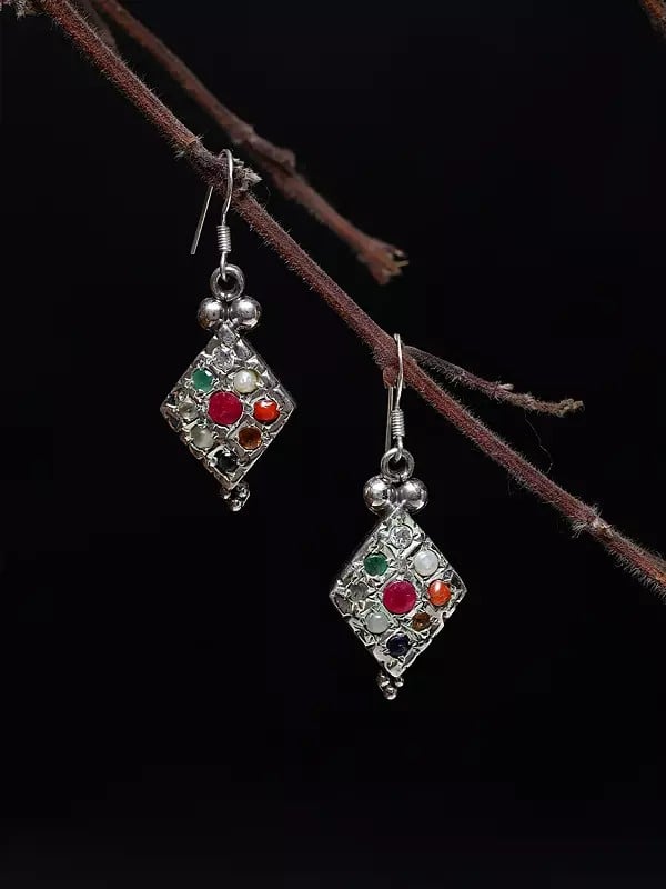 Exotic India Kite Shape Navaratna Dangle Earrings 
