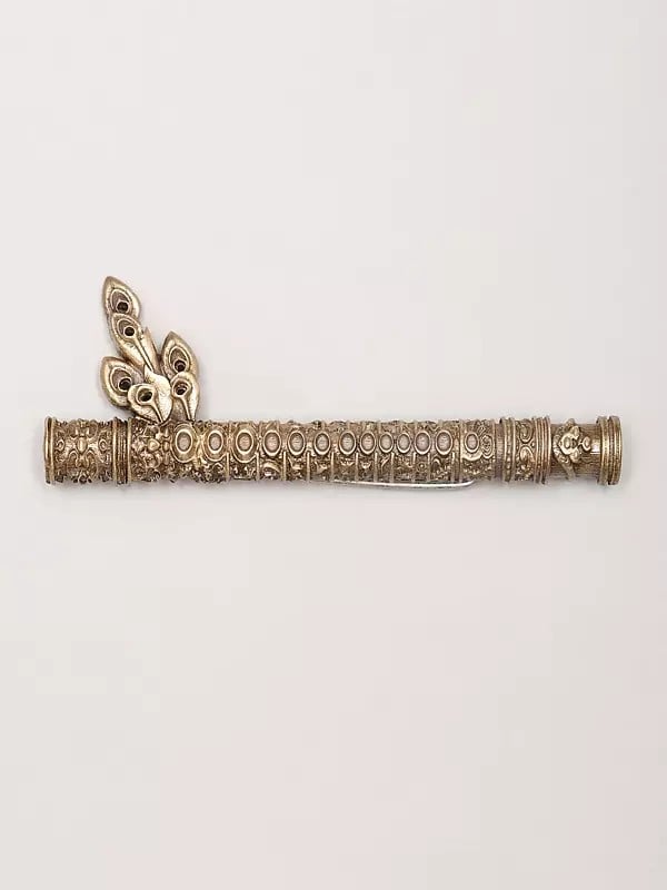 exotic india Krishna's Flute Brass Brooch 