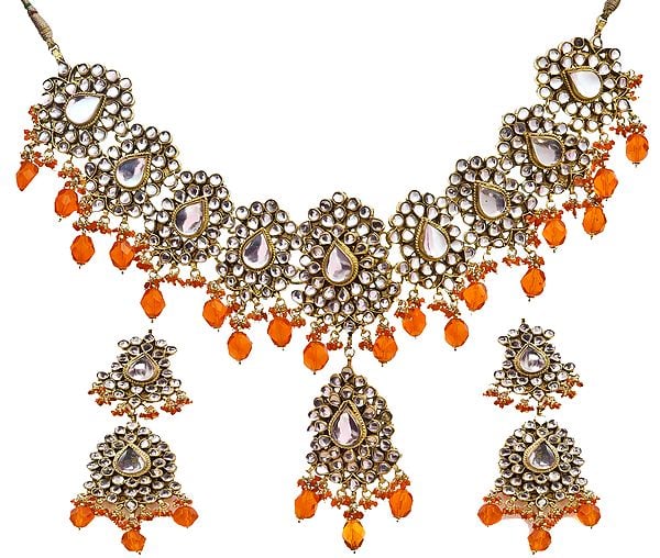 exotic india Kundan Necklace Set with Orange Beads 