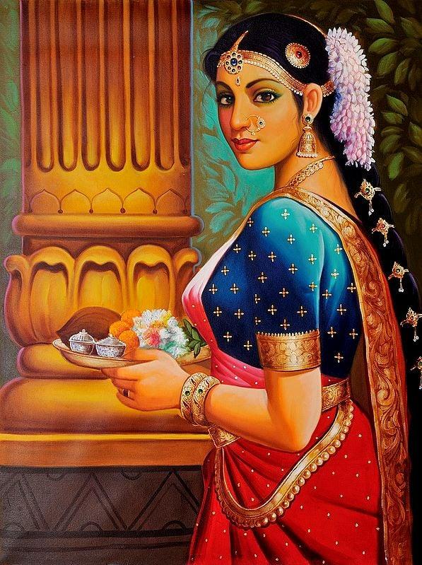exotic india Large-Eyed Woman With Pooja Thali