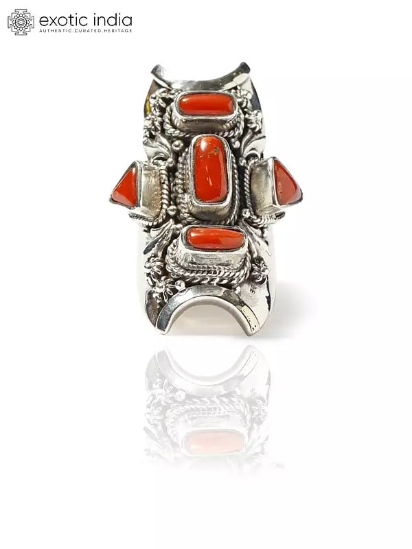 Exotic India Long Sterling Silver Ring With Coral 