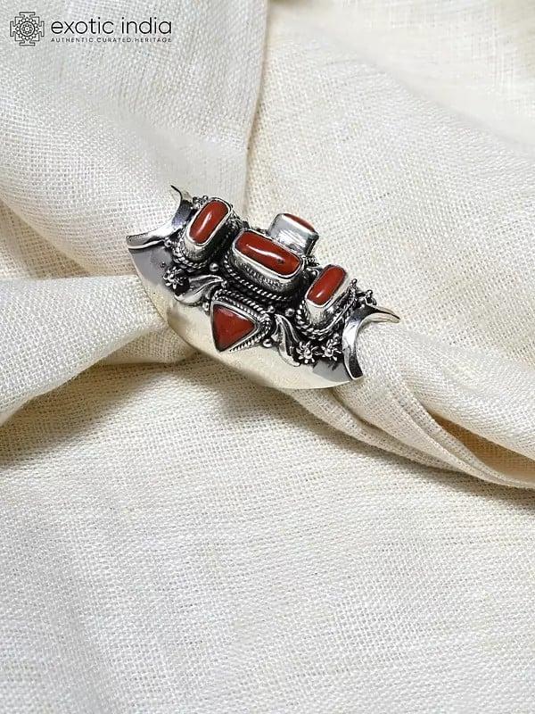 Exotic India Long Sterling Silver Ring With Coral 