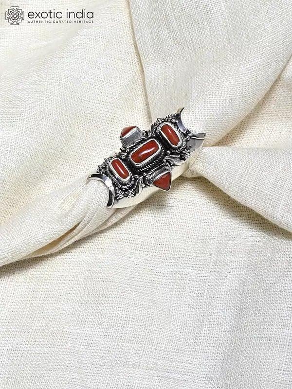 Exotic India Long Sterling Silver Ring With Coral 