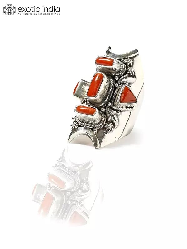 exotic india Long Sterling Silver Ring with Coral 