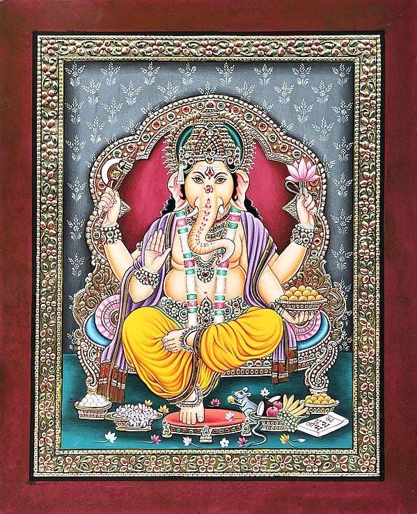 exotic india Lord Ganesha Seated on Royal Throne