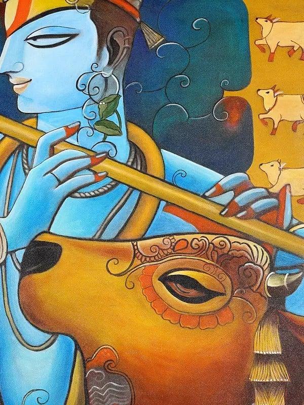 Exotic India Lord Krishna With Cow | Oil Painting 