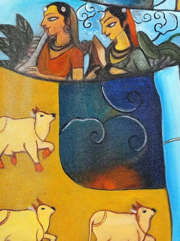 Exotic India Lord Krishna With Cow | Oil Painting 