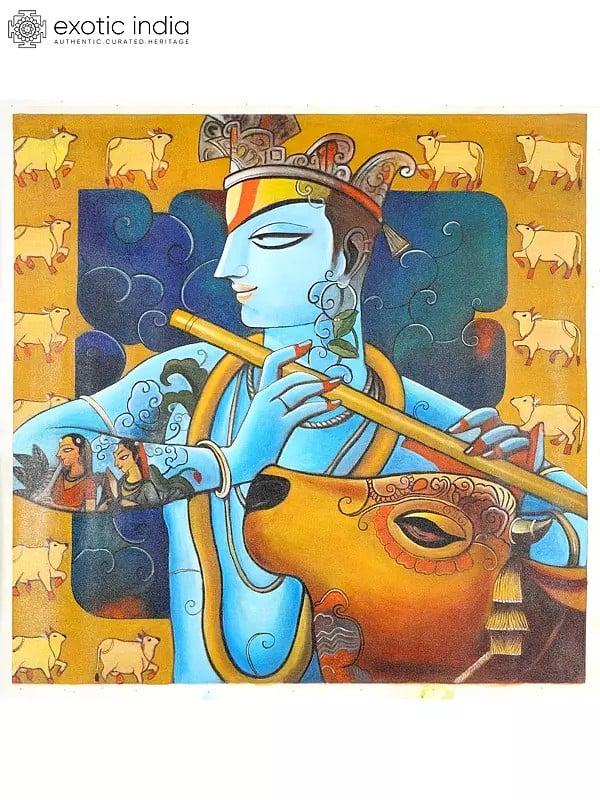 exotic india Lord Krishna with Cow | Oil Painting 