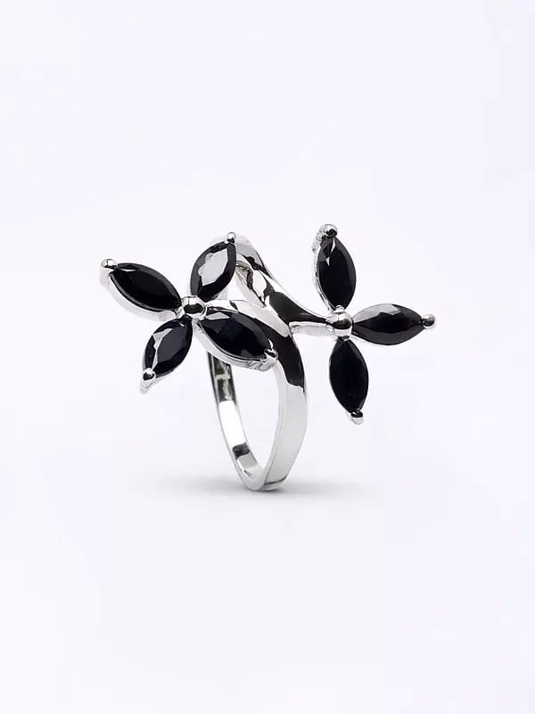 Exotic India Marquise Cut Black Onyx Flower Ring 