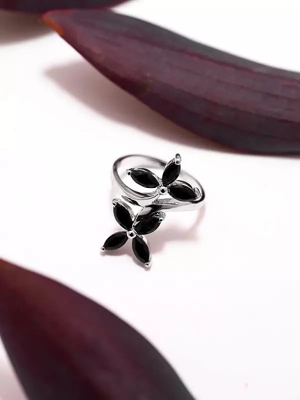 Exotic India Marquise Cut Black Onyx Flower Ring 