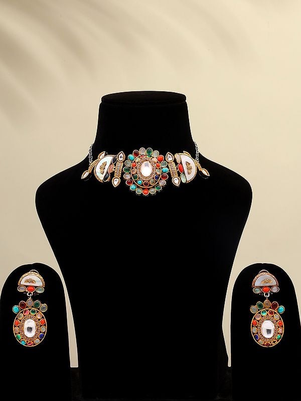 exotic india Multicolor Choker and Earrings Set 