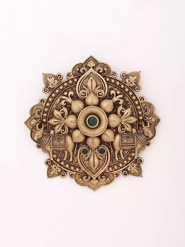 exotic india Ornate Mandala Art Brooch with Bull 