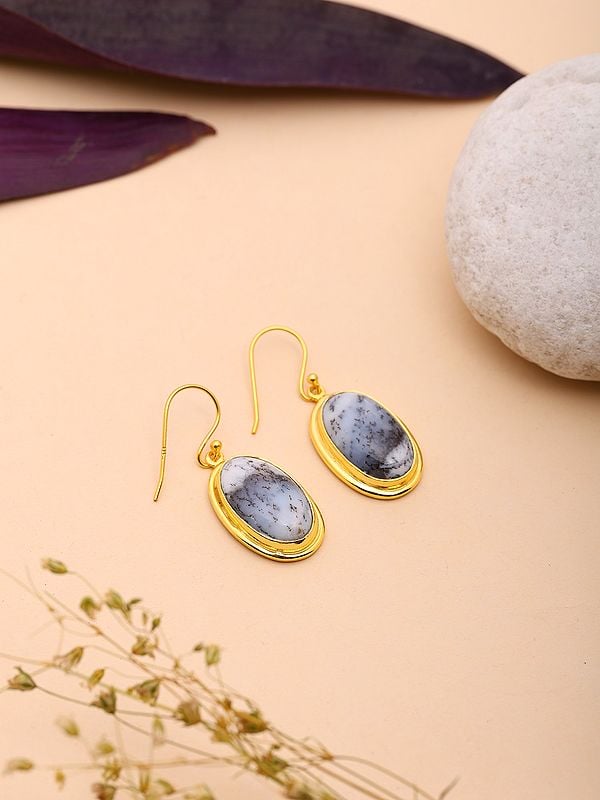 Exotic India Oval Cut Dendritic Opal Hook Earrings