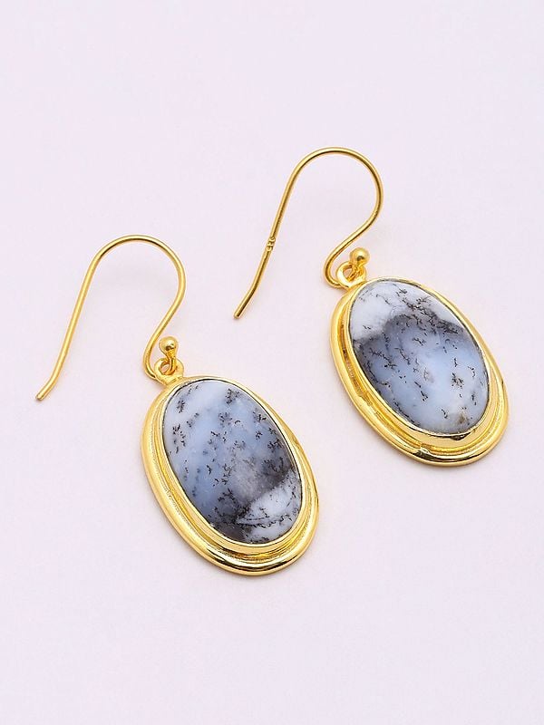 exotic india Oval Cut Dendritic Opal Hook Earrings