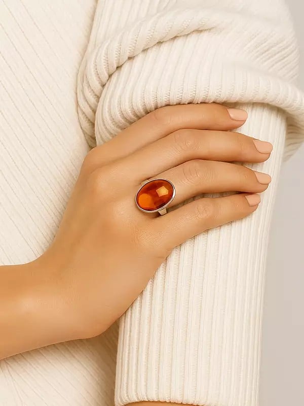 exotic india Oval Shape Cabochon Amber Ring 
