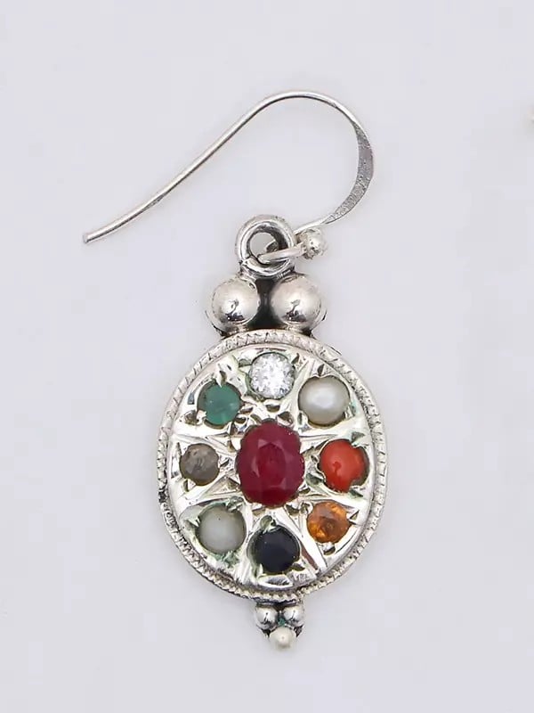 Exotic India Oval Shape Navaratna Dangle Earrings 