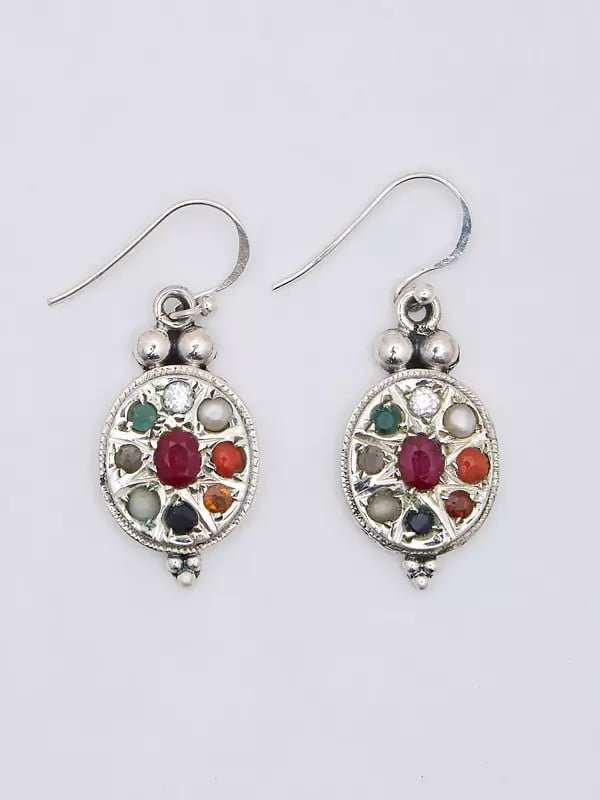 exotic india Oval Shape Navaratna Dangle Earrings 