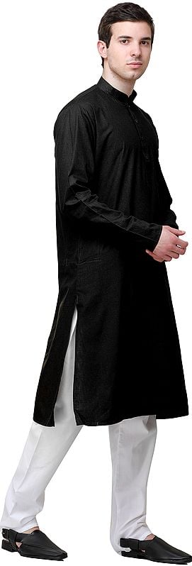 Exotic India Plain Linen Kurta With White Pajama 