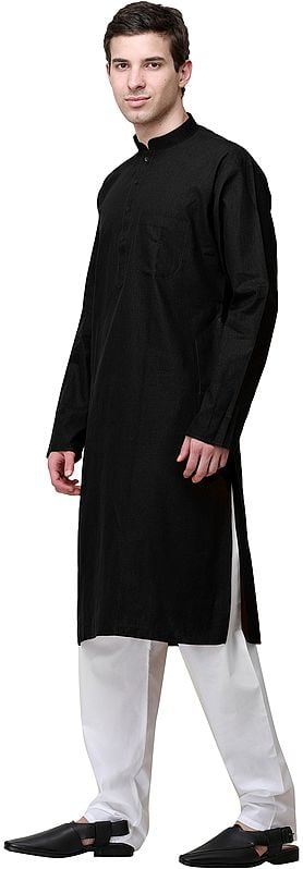 Exotic India Plain Linen Kurta With White Pajama 