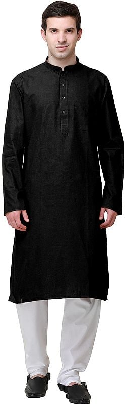 exotic india Plain Linen Kurta with White Pajama 