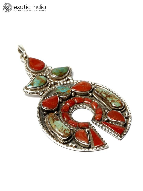 Exotic India Royston Turquoise And Coral Pendant