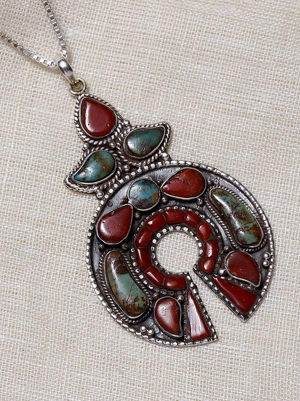 Exotic India Royston Turquoise And Coral Pendant