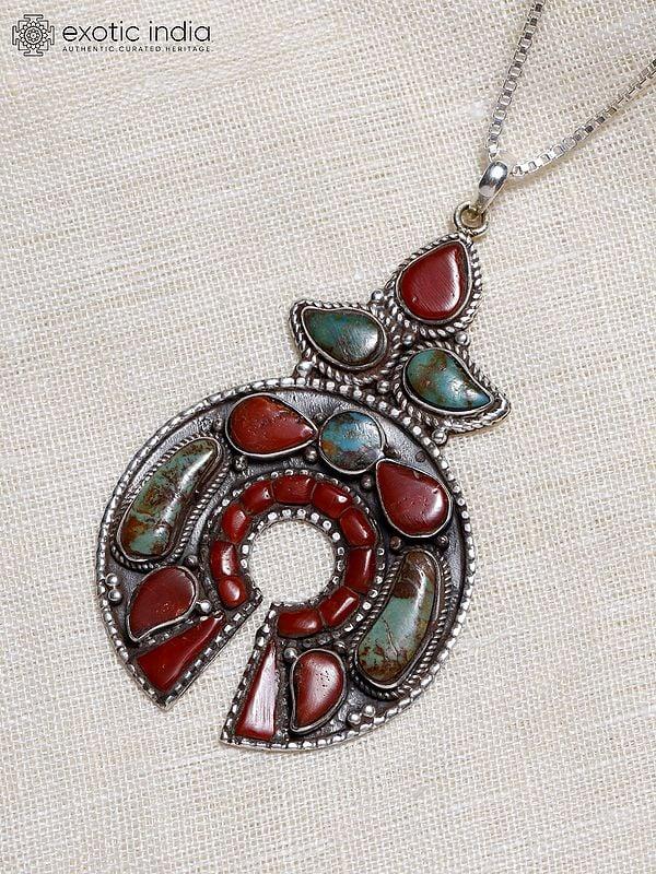 Exotic India Royston Turquoise And Coral Pendant