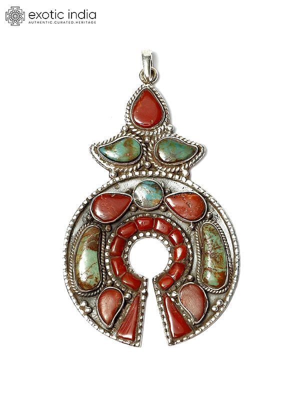 exotic india Royston Turquoise and Coral Pendant 