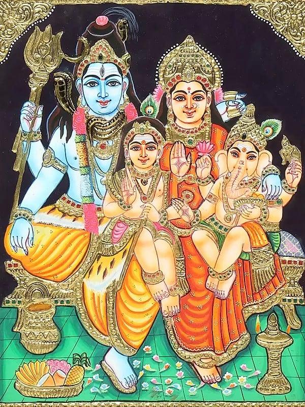 Exotic India Shiva Family | Framed Tanjore Painting