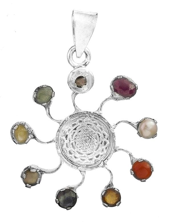 exotic india Shri Yantra Pendant with Navaratna 