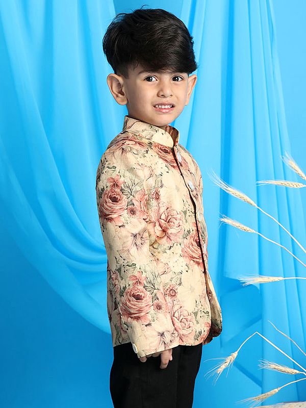 Exotic India Silk Blend Flower Print Jodhpuri Coat 