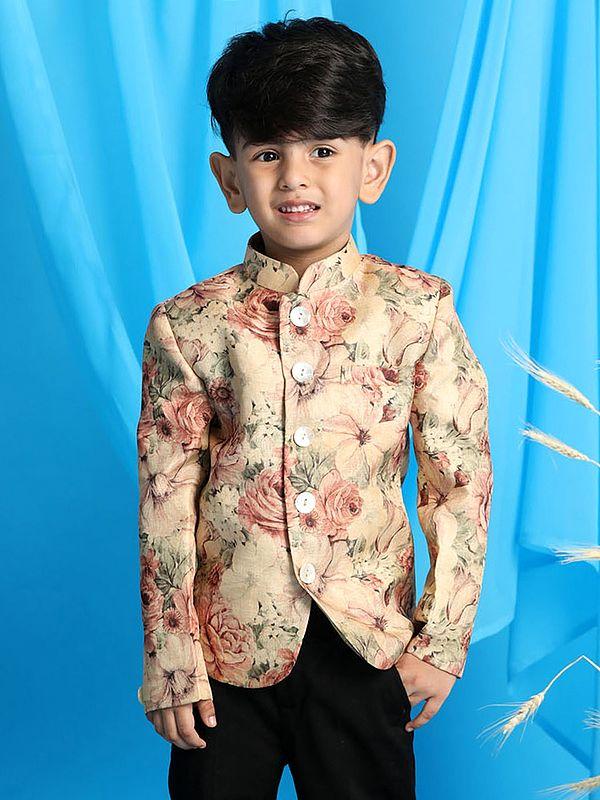 exotic india Silk Blend Flower Print Jodhpuri Coat 
