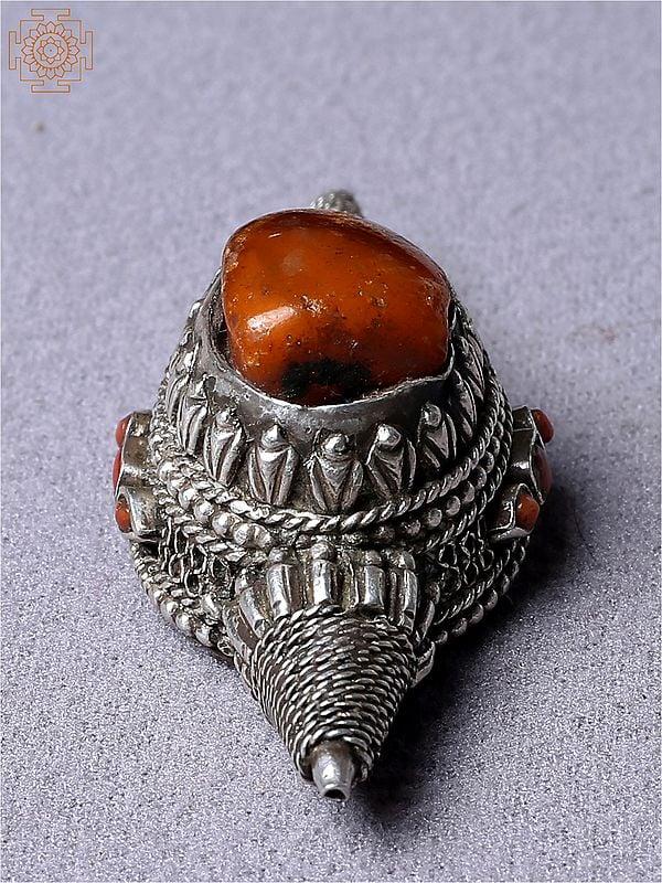 Exotic India Silver Tibetan Red Stone Pendant