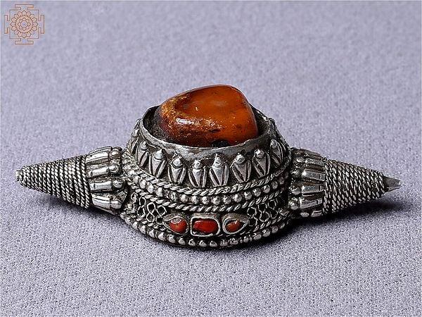 Exotic India Silver Tibetan Red Stone Pendant