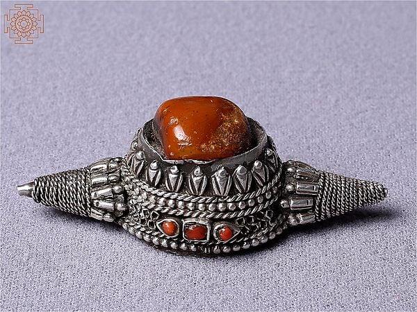 exotic india Silver Tibetan Red Stone Pendant 
