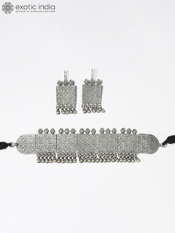 exotic india Sterling Silver Choker with Earrings 