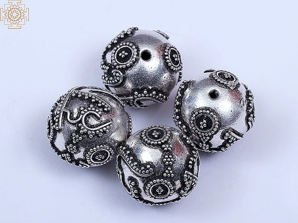 Exotic India Sterling Silver Om Beads (4 Pieces) 