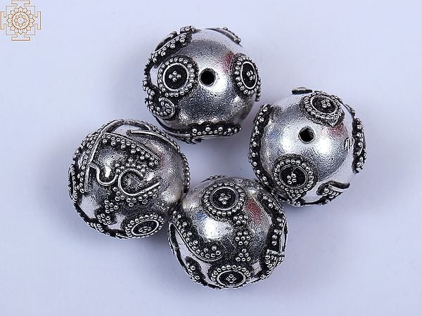 Exotic India Sterling Silver Om Beads (4 Pieces) 