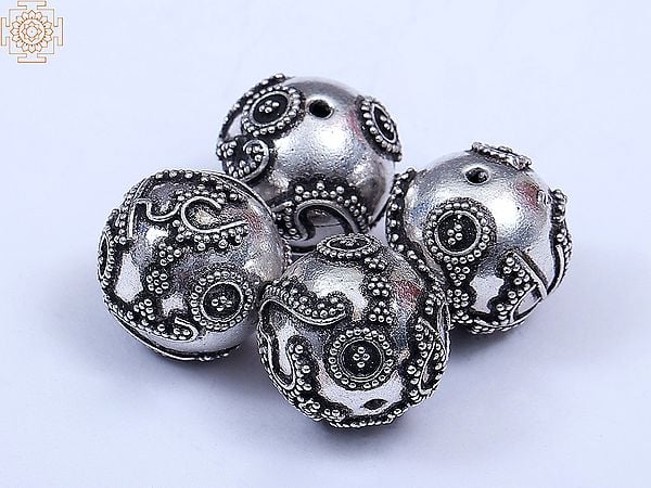 exotic india Sterling Silver Om Beads (4 Pieces) 