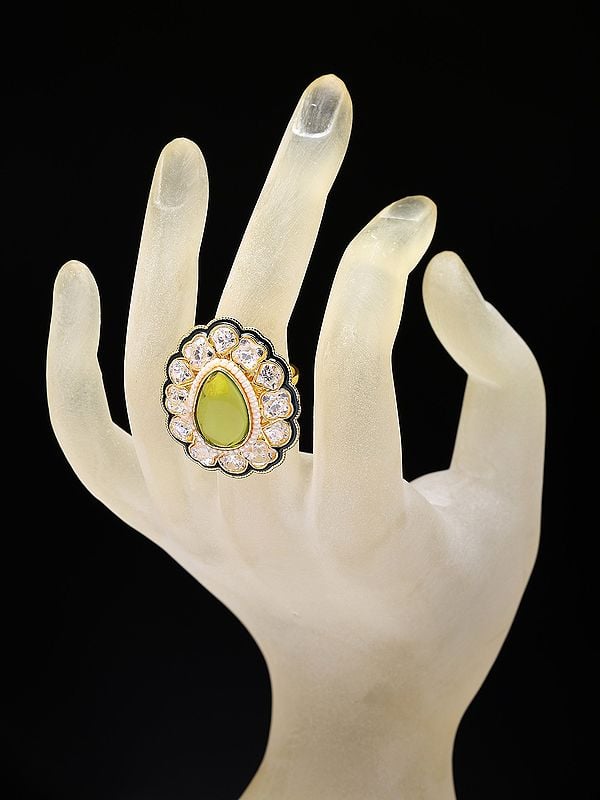 Exotic India Stone Studded Designer Brass Ring 