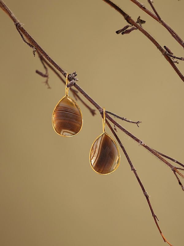 Exotic India Tear Drop Banded Agate Hook Earrings 