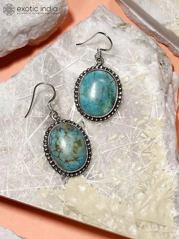 Exotic India Tibetan Turquoise Oval Hook Earrings 