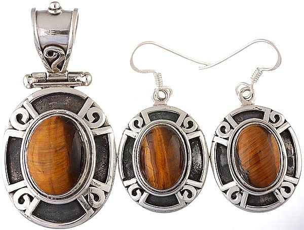 exotic india Tiger Eye Pendant with Earrings Set 