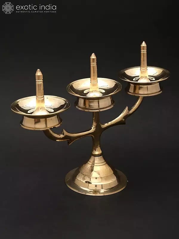 Exotic India Triple Brass Lamp From Kerala 